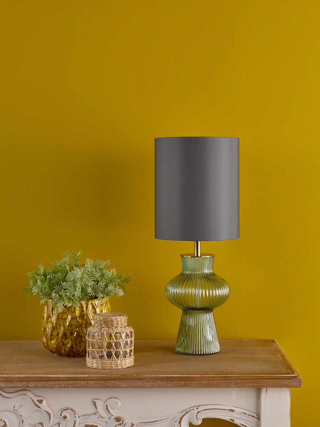 Suelita Table Lamp Green Ribbed Glass and Antique Brass With Shade