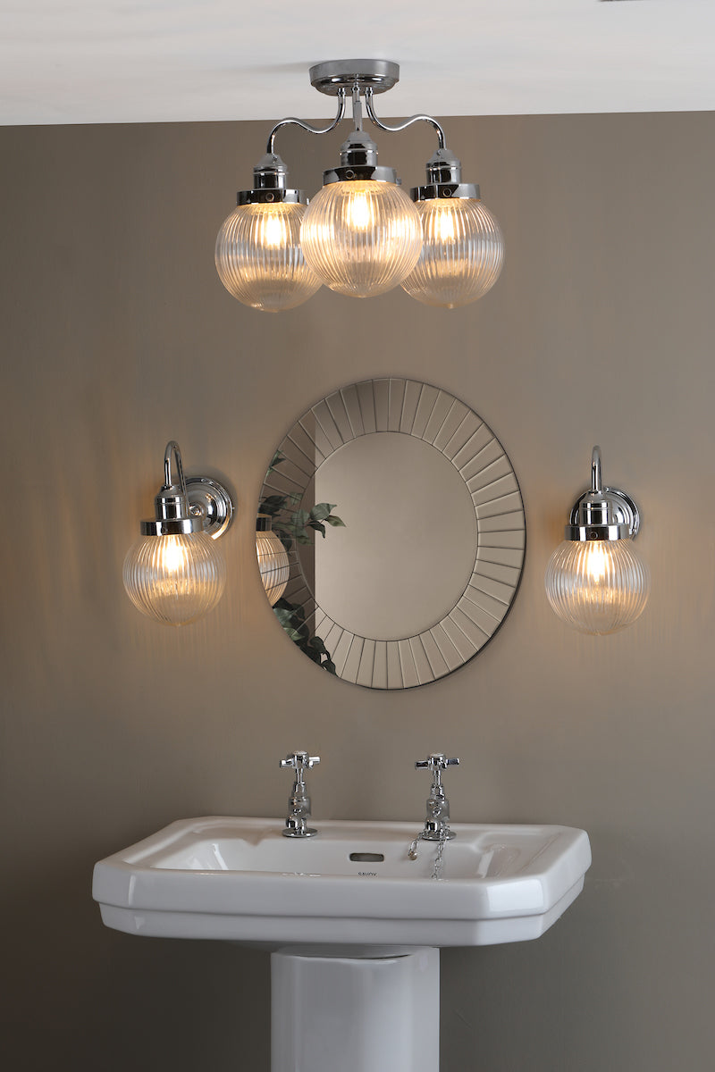 Tamara 3 Light Bathroom Semi Flush Polished Chrome Ribbed Glass IP44