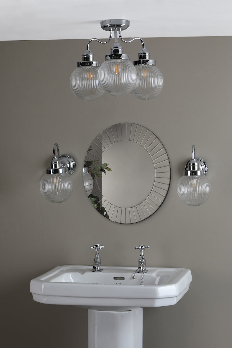 Tamara 3 Light Bathroom Semi Flush Polished Chrome Ribbed Glass IP44