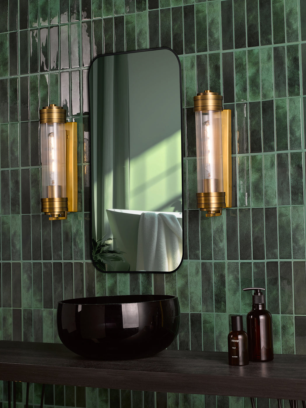 Tommaso Bathroom Wall Light Antique Bronze and Ribbed Glass IP44