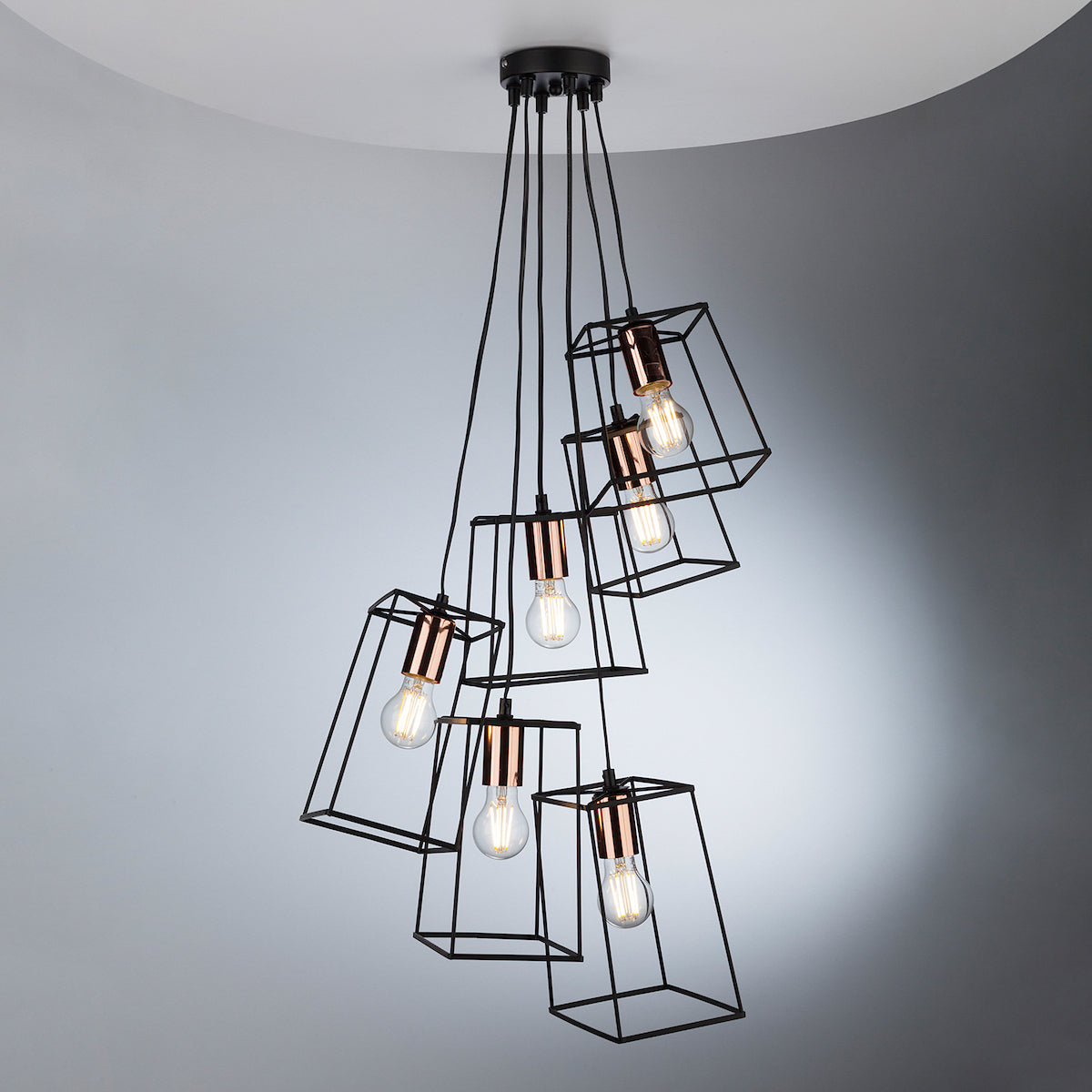 Tower 6 Light Cluster Pendant Matt Black & Copper