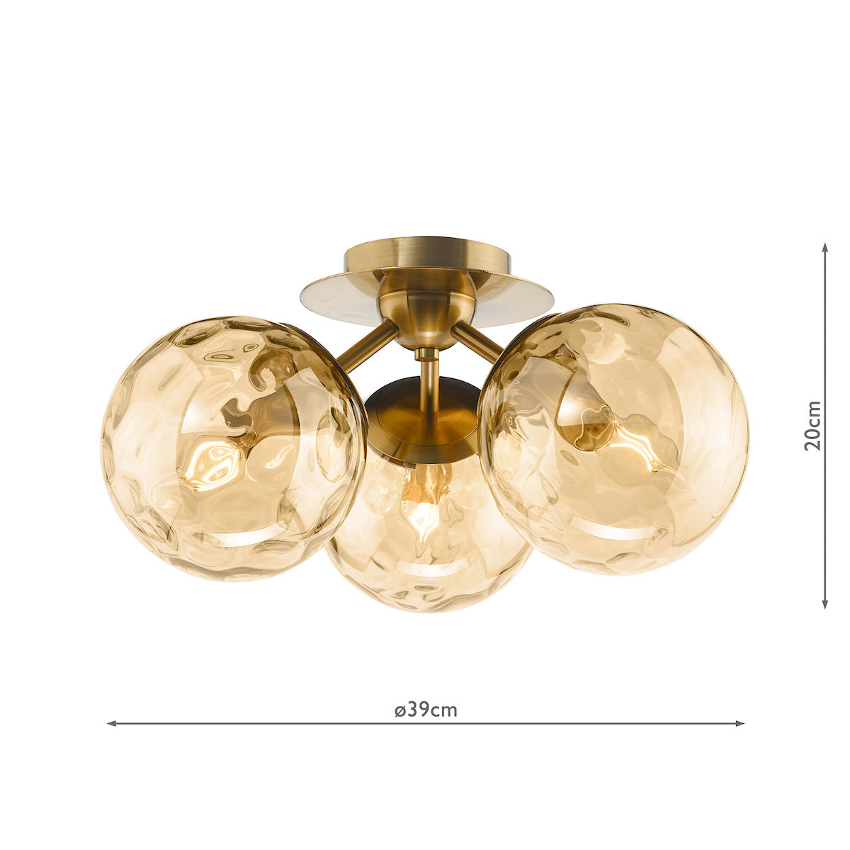 Ulrika 3 Light Semi-Flush Antique Brass and Amber Glass
