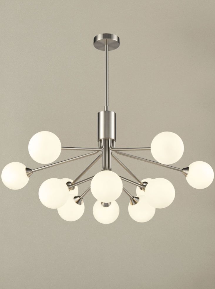 Cosmic 12 light pendant in satin nickel with matt opal glass