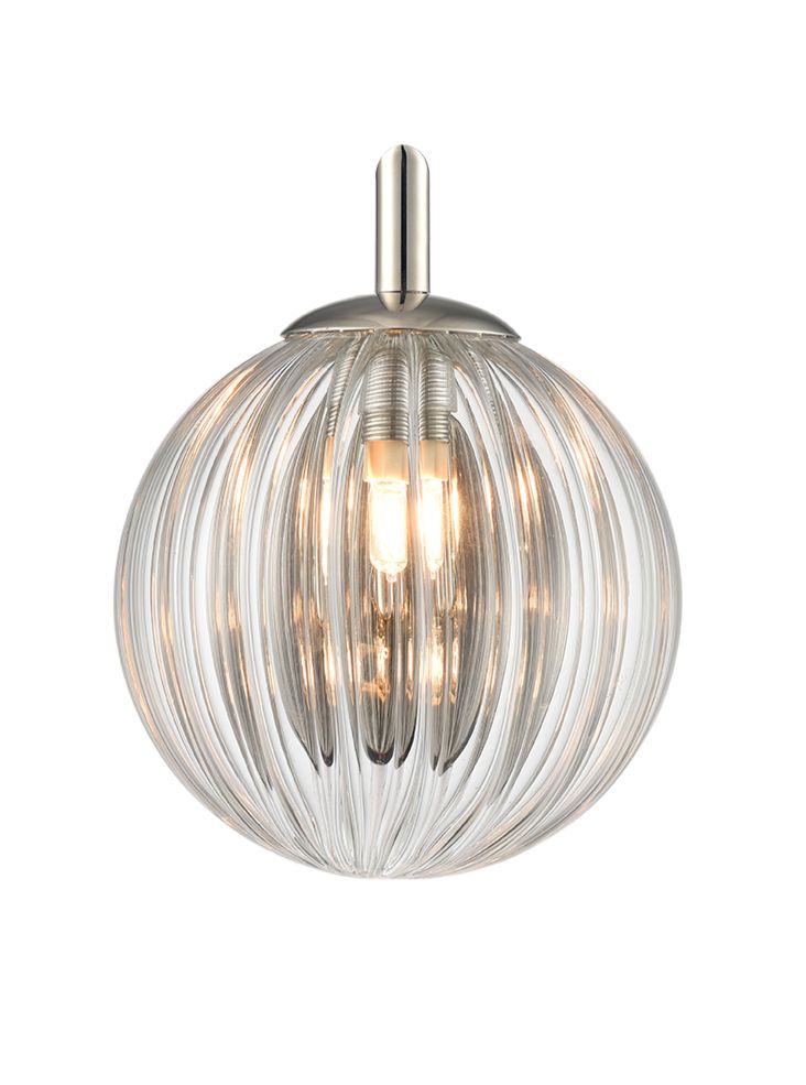 Globe Wall Light polished nickel with clear ribbed glass