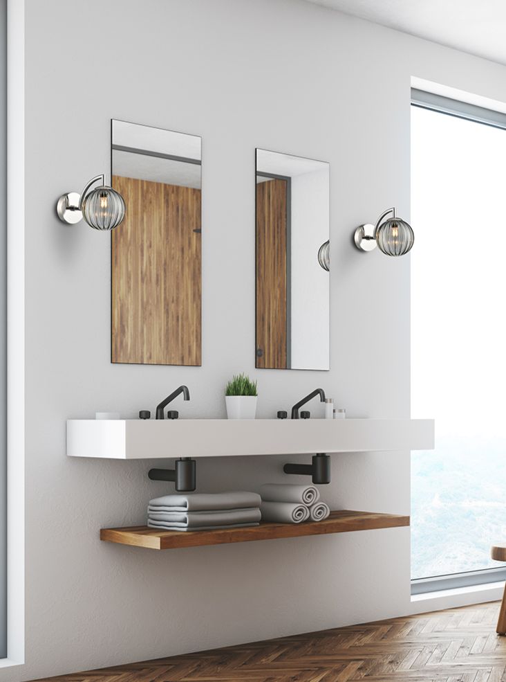 Globe Wall light polished nickel with smoked ribbed glass