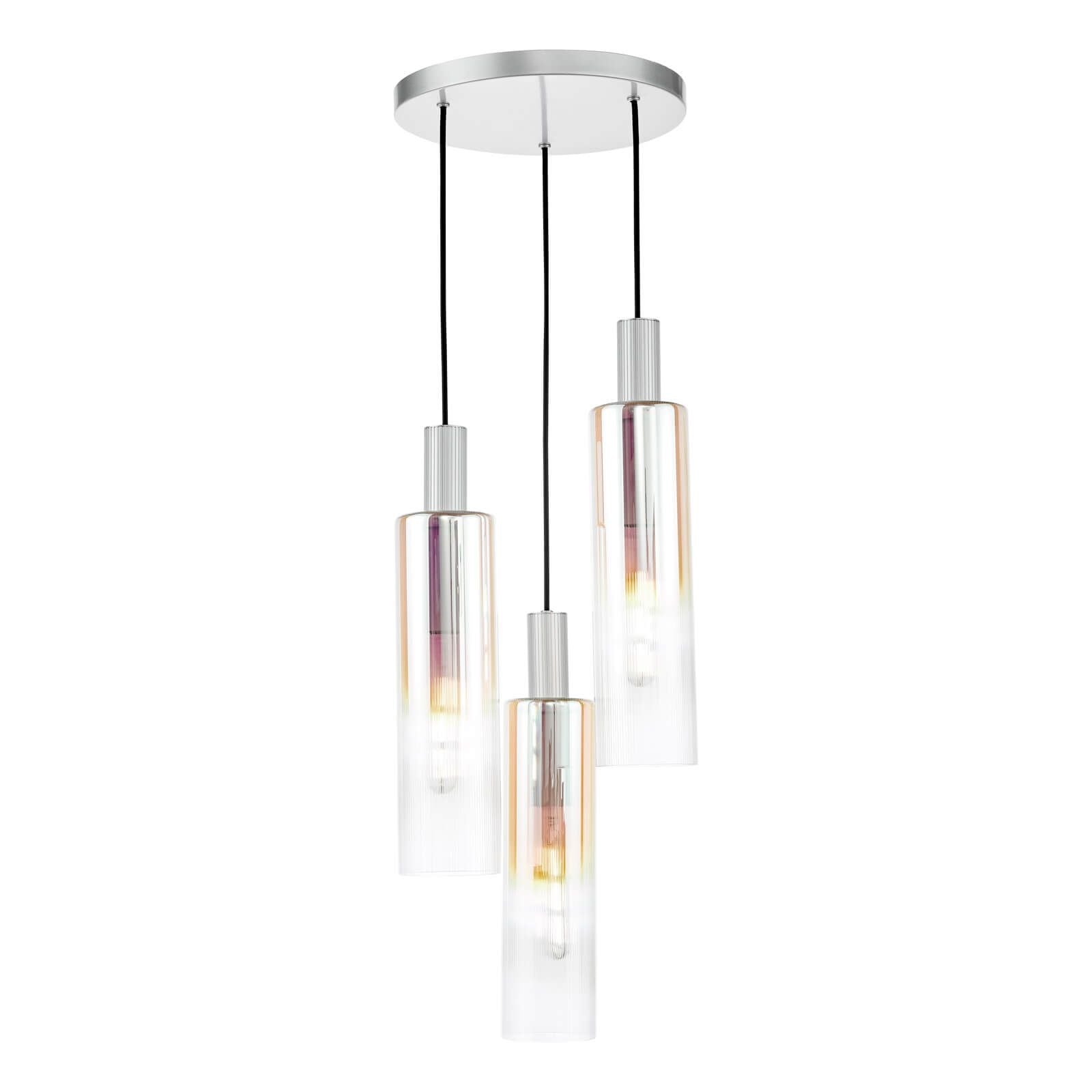 Ruben 3 Light Cluster Pendant Satin Silver and Ribbed Iridised Glass