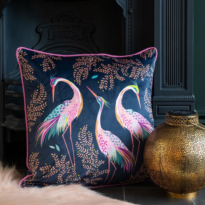 Midnight Dancing Cranes Velvet Cushion