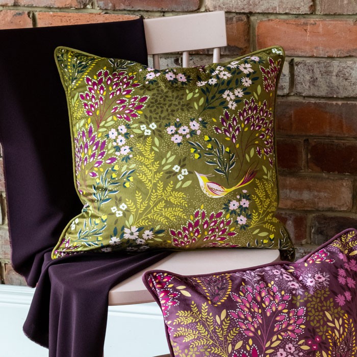Olive Songbird Velvet Cushion
