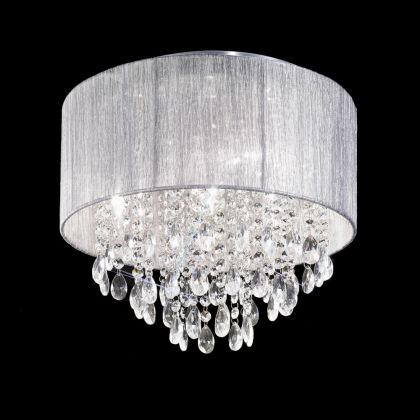 Modern 4-Light Flush Mount with Chandelier Crystals & Textured Fabric Shade (Chrome)