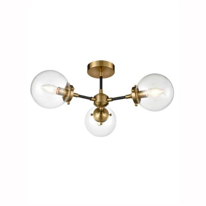 Modern 3-Light Ceiling Light in Black & Antique Gold with Clear Glass Spheres (Low Ceiling)